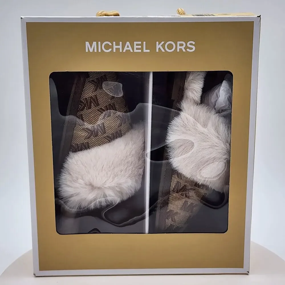 NEW - Michael Kors Tula Scuff Women's Faux Fur Logo Slide House Shoes - Size 6